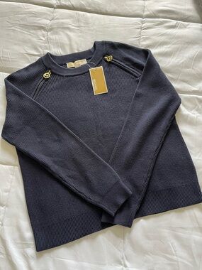 Michael Kors Navy Crew Neck Sweater with Gold Accent Buttons